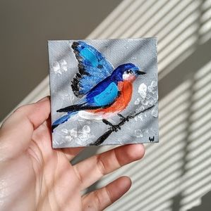 Hand Painted Eastern Bluebird – 3x3” Mini Canvas | Original Nature Artwork